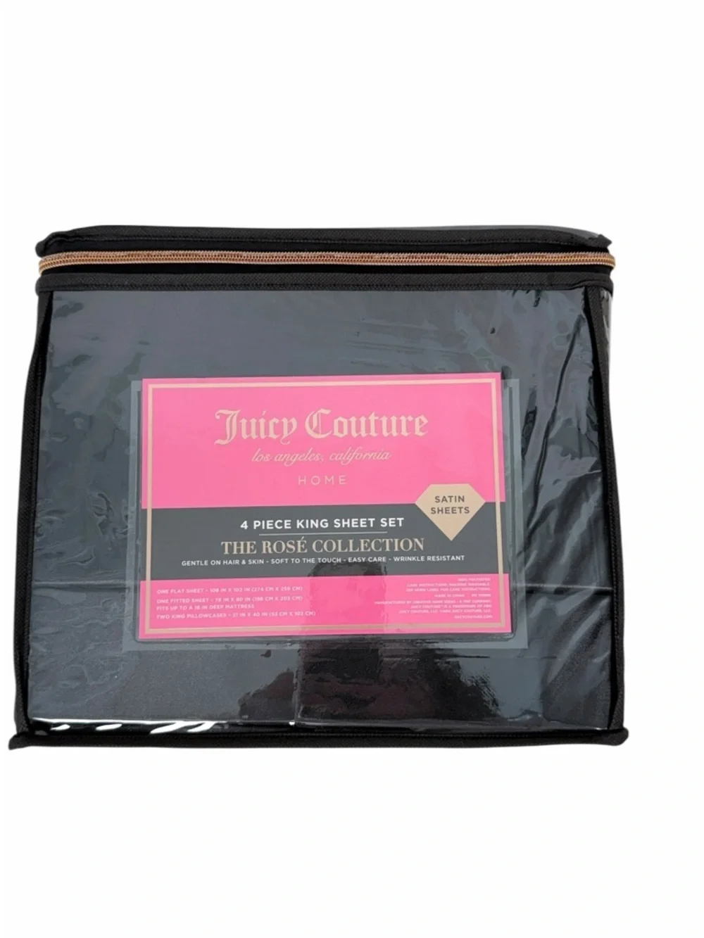 Juicy Couture Rosé Collection King Satin Sheet Set Black 4 Piece Bedding Luxury